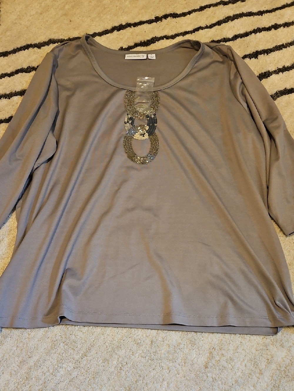 Susan Graver Taupe Long Sleeve Scoop Neck Top with Decorative Rings